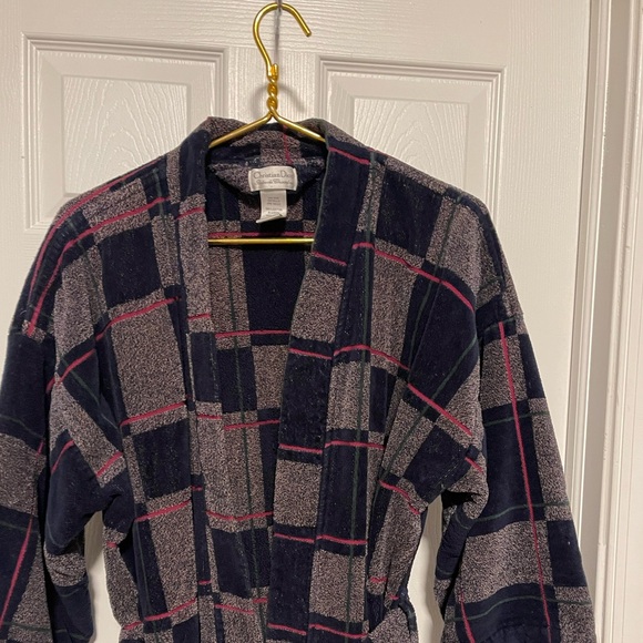 VTG Christian Dior terry cloth 100% cotton bath robe plaid men’s with belt! - Picture 3 of 9